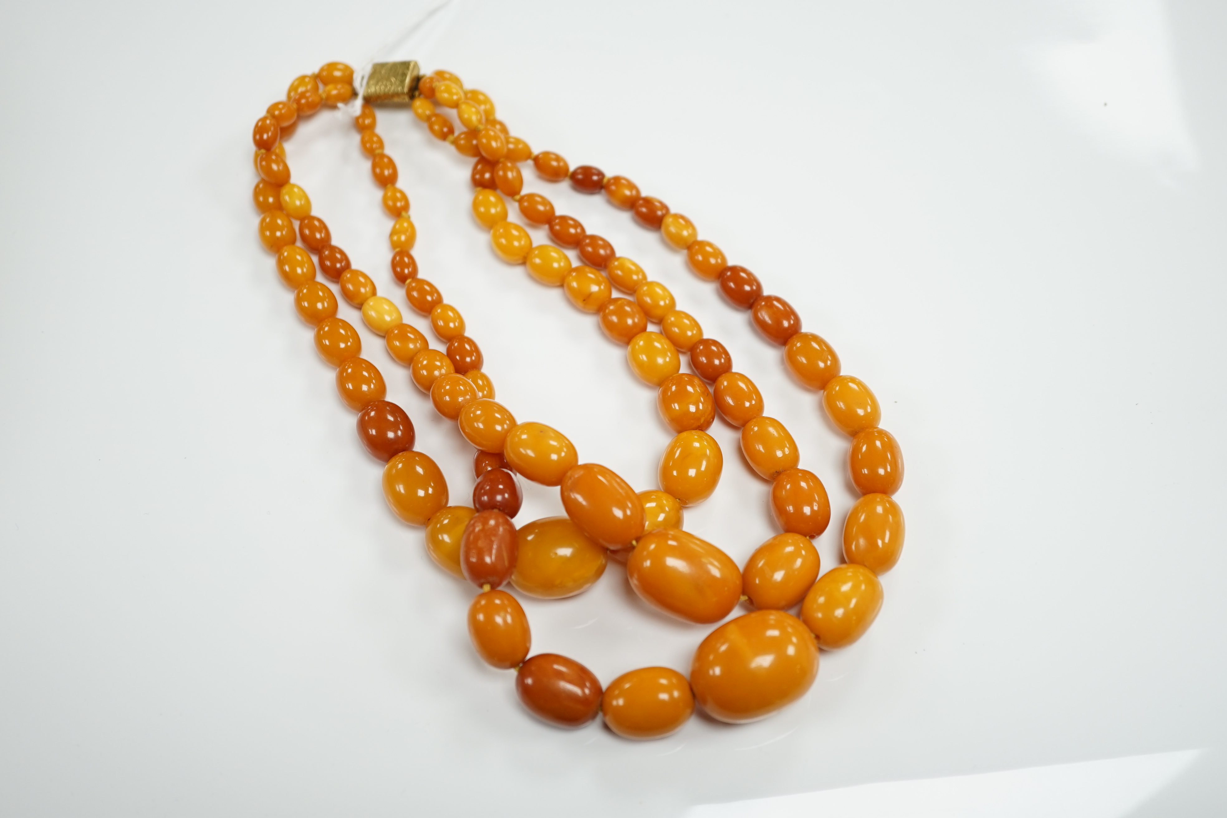 A triple strand graduated oval amber bead choker necklace, 44cm, gross weight 98 grams.